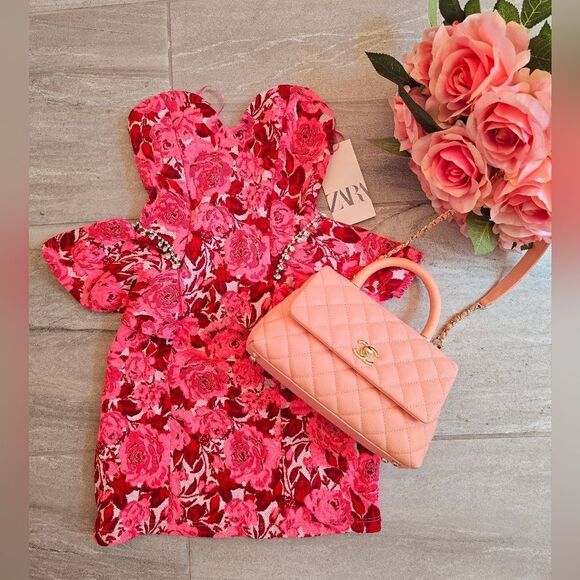 ZARA JACQUARD PINK AND RED FLORAL DRESS JEWEL - Picture 1 of 16
